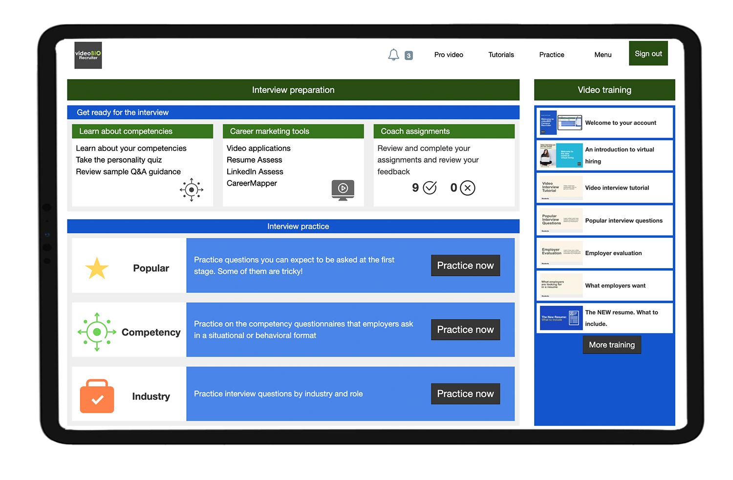 Student dashboard for video interview skills training. Student interview skills practice and training. Student experience. Student preparation.